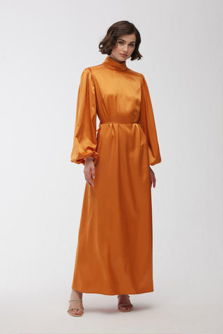 Balloon Sleeve Satin Dress Orange