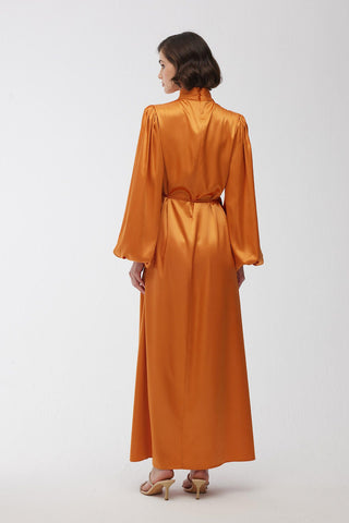 Balloon Sleeve Satin Dress Orange