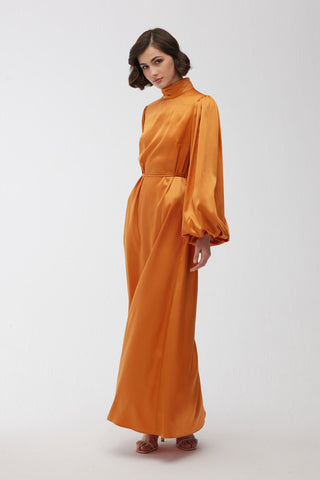 Balloon Sleeve Satin Dress Orange