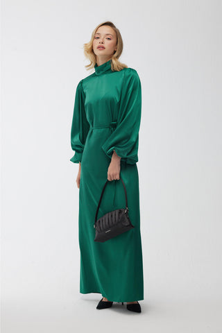Balloon Sleeve Satin Evening Dress Emerald
