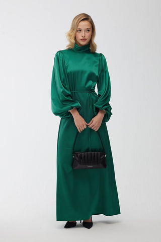 Balloon Sleeve Satin Dress Emerald