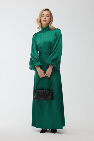 Balloon Sleeve Satin Evening Dress Emerald