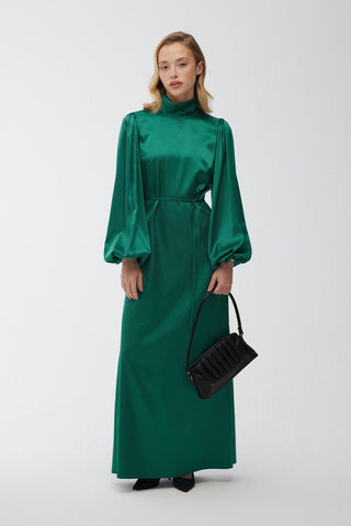 Balloon Sleeve Satin Dress Emerald