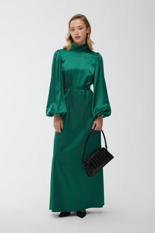 Balloon Sleeve Satin Evening Dress Emerald