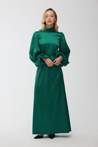 Balloon Sleeve Satin Evening Dress Emerald