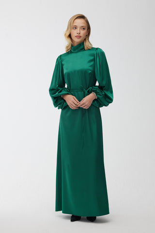 Balloon Sleeve Satin Evening Dress Emerald