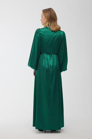Balloon Sleeve Satin Evening Dress Emerald