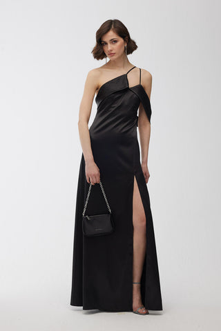 One Shoulder Satin Dress Black