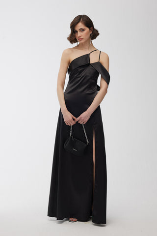 One Shoulder Satin Evening Dress Black