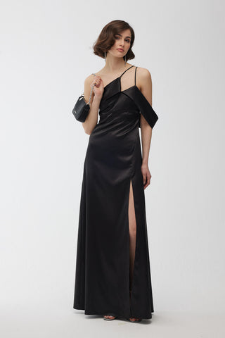 One Shoulder Satin Dress Black