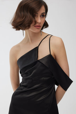 One Shoulder Satin Evening Dress Black