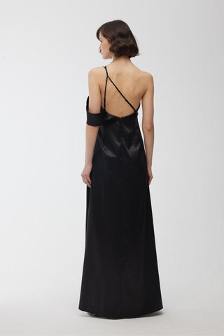 One Shoulder Satin Evening Dress Black