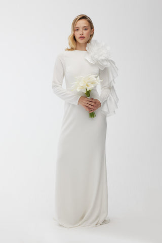 Brooch Detail Organza Evening Dress Ecru