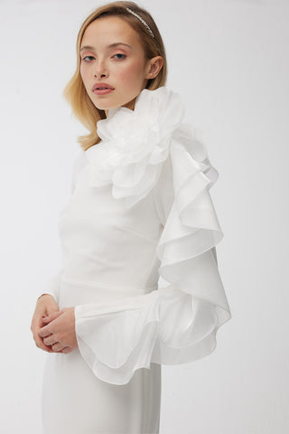 Brooch Detail Organza Evening Dress Ecru