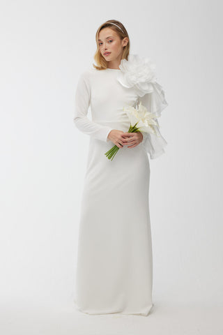 Brooch Detail Organza Evening Dress Ecru