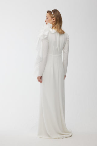 Brooch Detail Organza Evening Dress Ecru