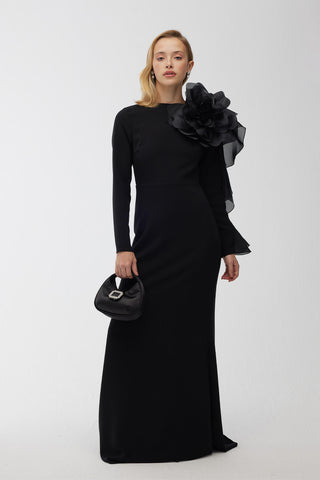 Brooch Detail Organza Evening Dress Black