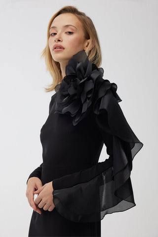 Brooch Detail Organza Dress Black