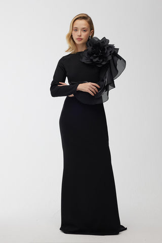 Brooch Detail Organza Evening Dress Black