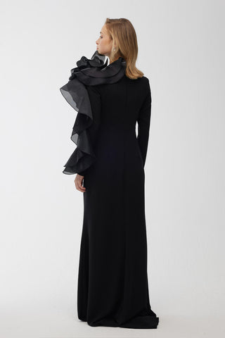 Brooch Detail Organza Evening Dress Black