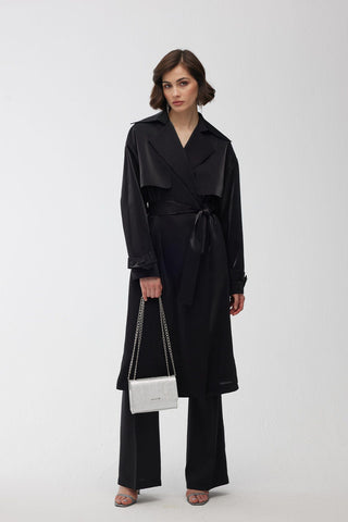 Organza Double-Breasted Trench Coat Black