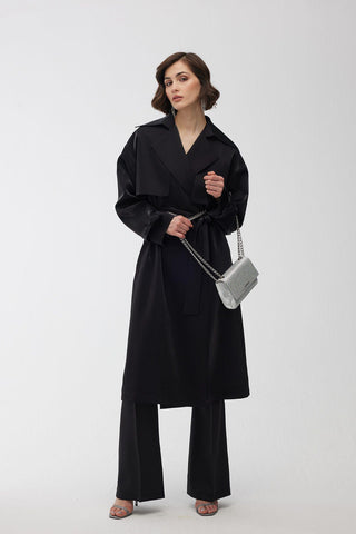 Organza Double-Breasted Trench Coat Black