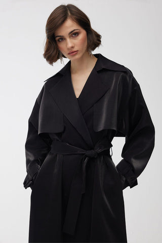 Organza Double-Breasted Trench Coat Black