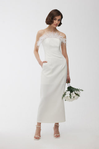 Strapless Feather Evening Dress Ecru