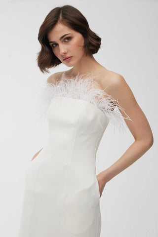 Strapless Feather Evening Dress Ecru
