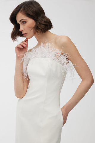 Strapless Feather Evening Dress Ecru