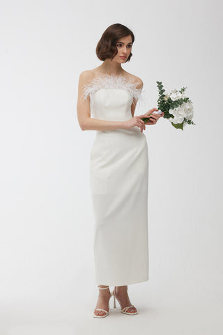 Strapless Feather Evening Dress Ecru