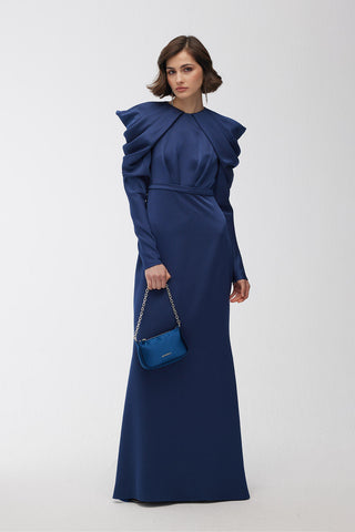 Drape Shoulder Evening Dress Night Blue