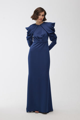 Drape Shoulder Evening Dress Night Blue