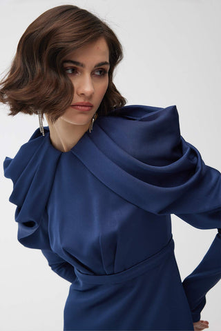 Drape Shoulder Evening Dress Night Blue