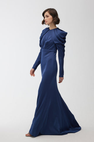 Drape Shoulder Evening Dress Night Blue