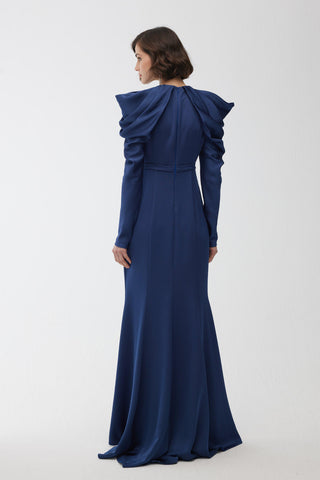 Drape Shoulder Evening Dress Night Blue