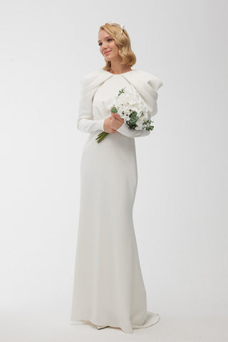 Drape Shoulder Evening Dress Ecru