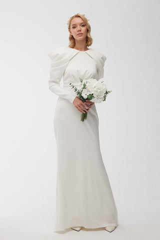 Drape Shoulder Evening Dress Ecru