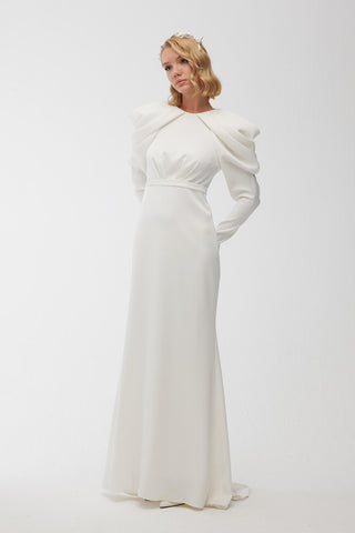 Drape Shoulder Evening Dress Ecru