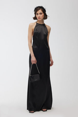 Halter Collar Satin Dress Black