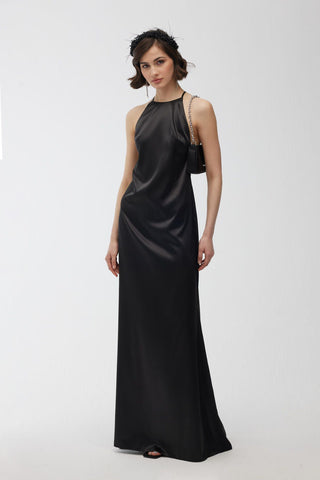 Halter Collar Satin Dress Black