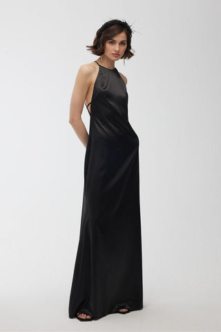 Halter Collar Satin Dress Black