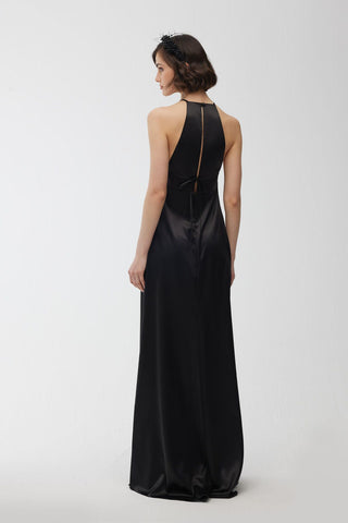 Halter Collar Satin Dress Black