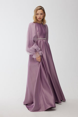 Rhinestone Belted Satin Dress Lavender