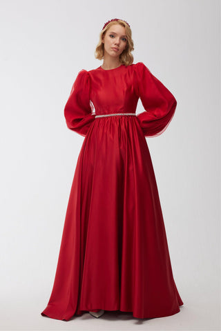 Rhinestone Belted Satin Dress Red