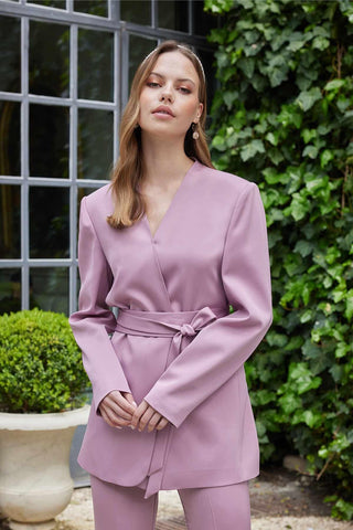 Collarless Belted Satin Blazer Dusty Rose