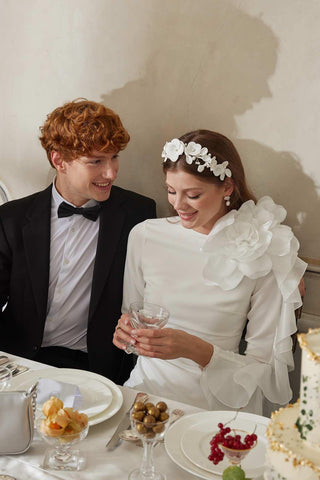 Brooch Detail Organza Evening Dress Ecru