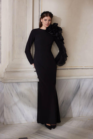 Brooch Detail Organza Evening Dress Black