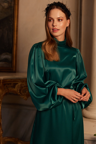 Balloon Sleeve Satin Dress Emerald