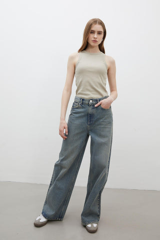 Wide Leg Denim Trousers Dark Blue